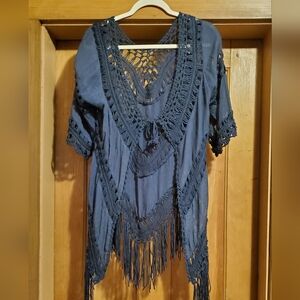 Elegant Navy Crochet Fringe Top Cover Up Shell